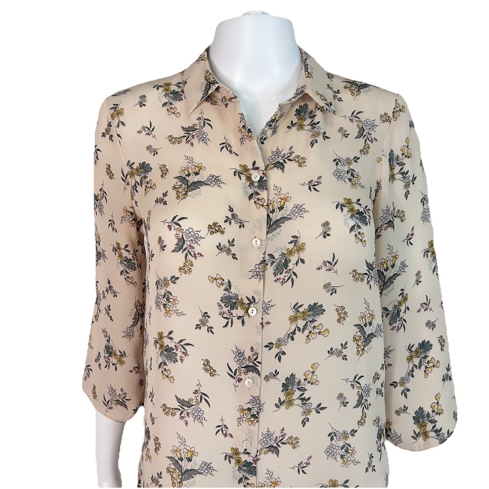 Zara Blouse Top Womens Size XS Basic Summer Flower Beige Semi Sheer Button Front - Picture 4 of 10